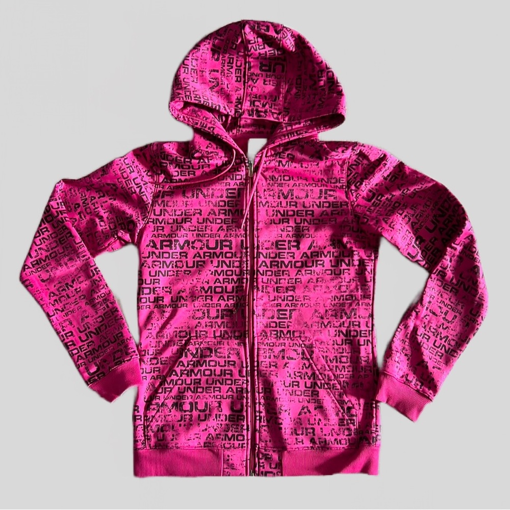Under Armour Full Zip Hooded Sweatshirt Jacket Logo Print Pink & Black Size XS